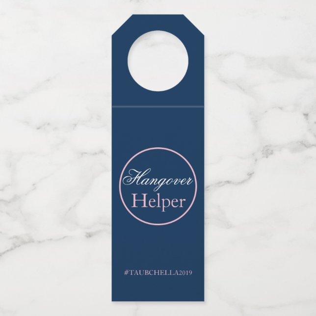 Navy Blue Pink Wedding Hangover Helper Tag Hashtag (Front)