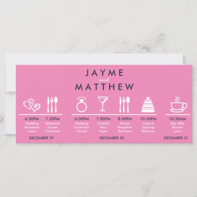 Navy Blue Pink Wedding Timeline Welcome Bag Note (Front)