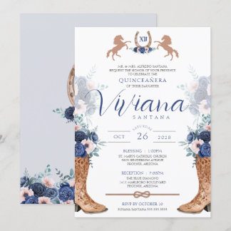 Navy Blue Pink Western Boots Charra Quinceanera In Invitation
