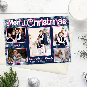 Navy Blue Pink White Snowflakes Holiday Card