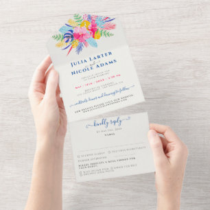 Navy Blue Pink Wild Rain Forest Evergreen Wedding All In One Invitation