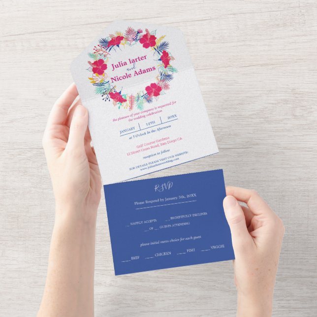 Navy Blue Pink Wild Rain Forest Evergreen Wedding All In One Invitation (Tearaway)