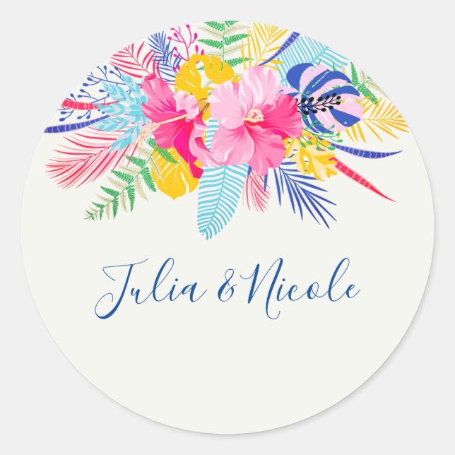 Navy Blue Pink Wild Rain Forest Evergreen Wedding Classic Round Sticker (Front)