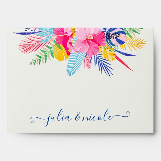 Navy Blue Pink Wild Rain Forest Evergreen Wedding Envelope (Front)