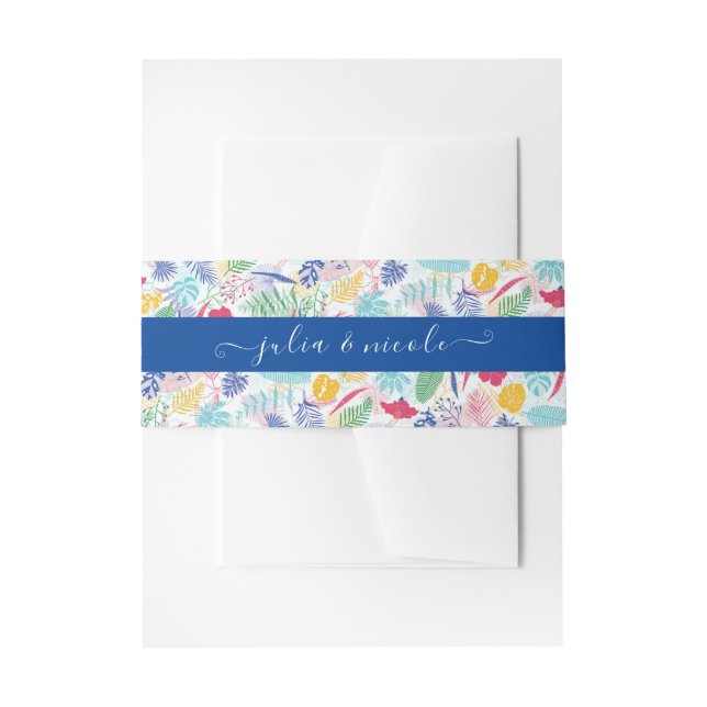 Navy Blue Pink Wild Rain Forest Evergreen Wedding Invitation Belly Band (Front Example)