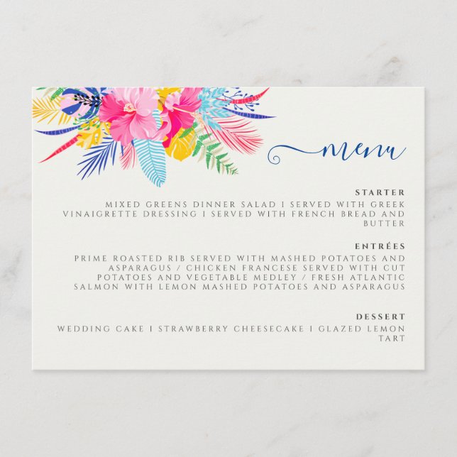 Navy Blue Pink Wild Rain Forest Evergreen Wedding Menu (Front)