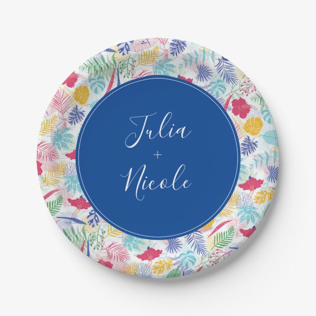 Navy Blue Pink Wild Rain Forest Evergreen Wedding Paper Plate (Front)