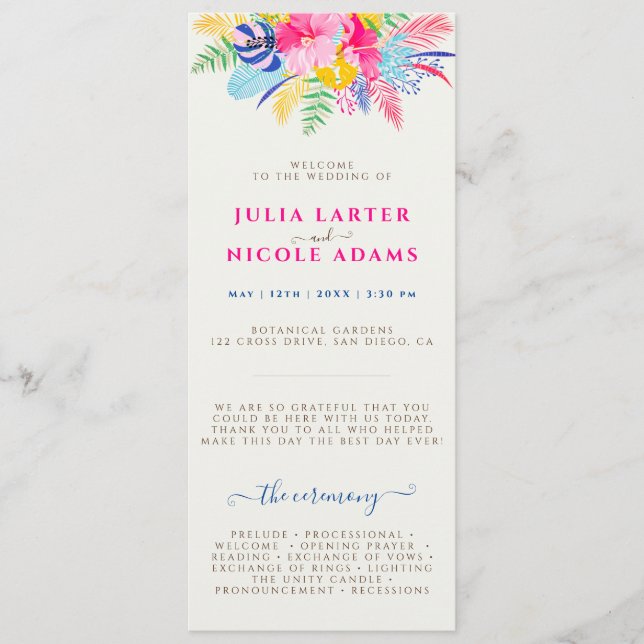 Navy Blue Pink Wild Rain Forest Evergreen Wedding Programme (Front)