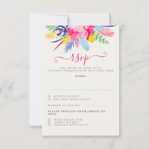 Navy Blue Pink Wild Rain Forest Evergreen Wedding RSVP Card
