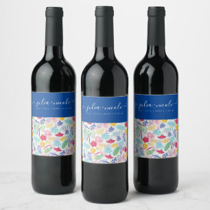 Navy Blue Pink Wild Rain Forest Evergreen Wedding Wine Label