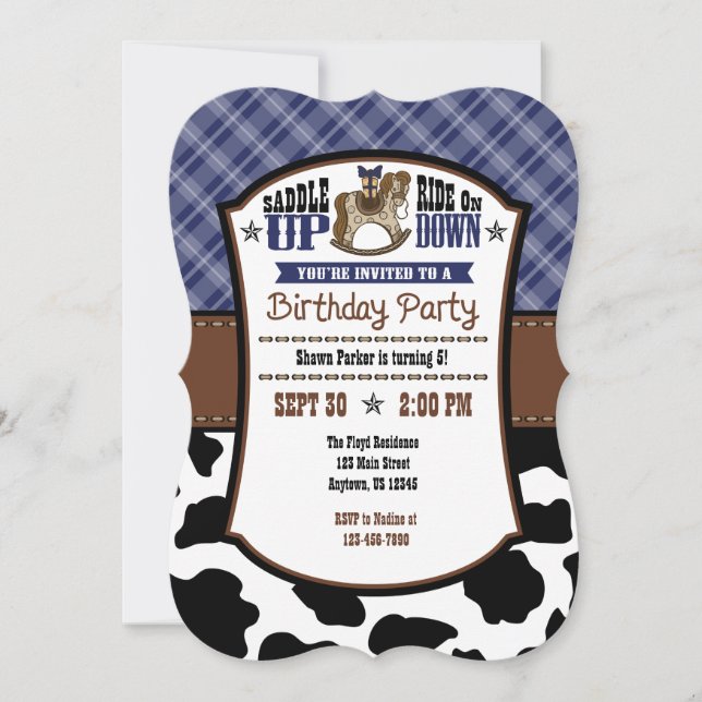 Navy Blue Plaid Cowhide Cowboy Birthday Invite (Front)