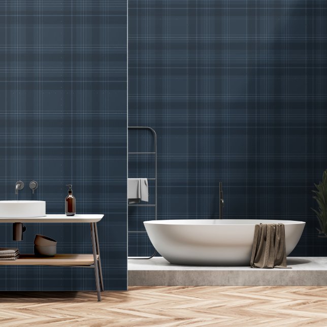 Navy Blue Plaid Modern Farmhouse Tartan for Rustic Wallpaper (Bathroom)