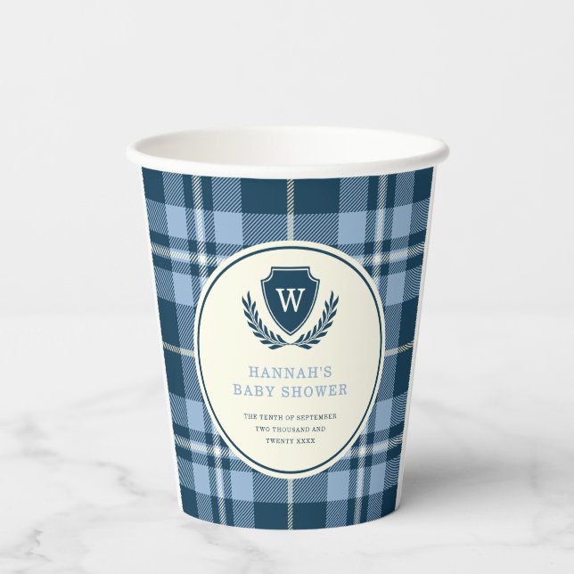 Navy Blue Plaid Monogram Baby Shower Paper Cups (Back)