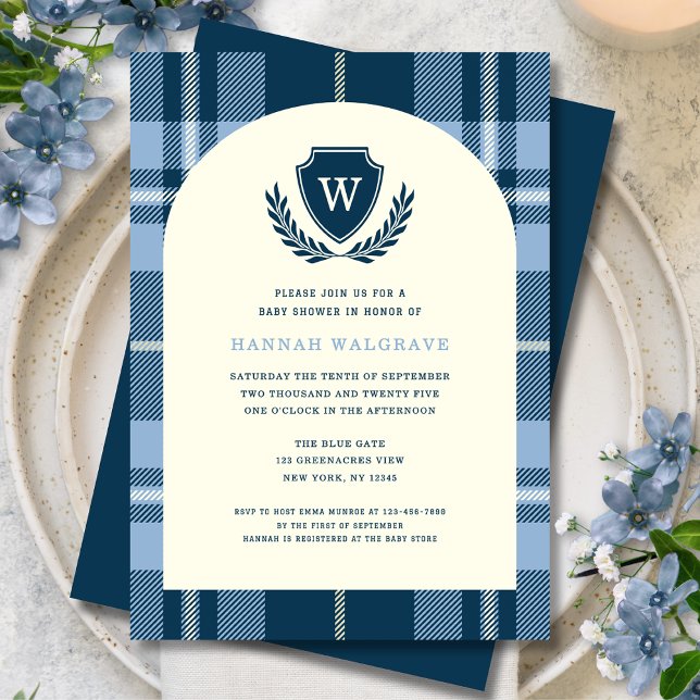 Navy Blue Plaid Monogram Boy's Baby Shower Invitation (Creator Uploaded)