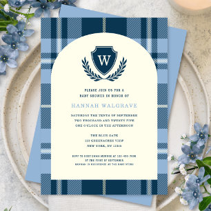 Navy Blue Plaid Monogram Boy's Baby Shower Invitation