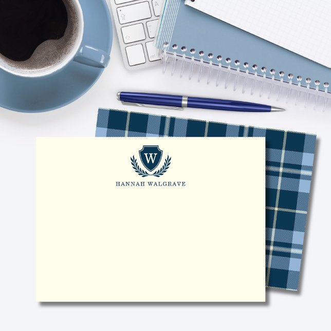 Navy Blue Plaid Monogram Correspondence  Card (Creator Uploaded)