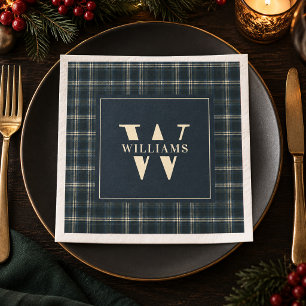 Navy Blue Plaid Monogram Family Name Tartan Napkin