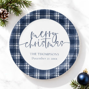 Navy Blue Plaid Name Date Merry Christmas Paper Plate