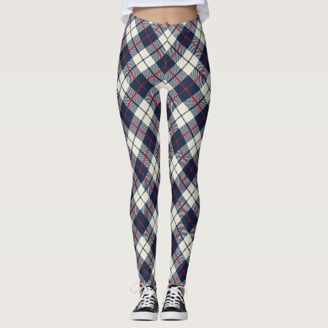 Navy Blue Plaid Pattern Leggings (Front)