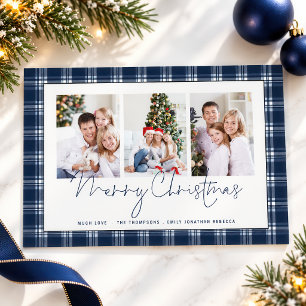 Navy Blue Plaid Tartan 3 Photos Merry Christmas Holiday Postcard