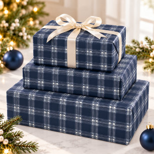 Navy Blue Plaid Tartan Check Christmas Wrapping Paper