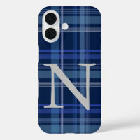 Navy Blue Plaid Tartan Cute Retro Monogram