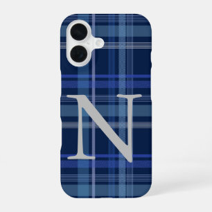 Navy Blue Plaid Tartan Cute Retro Monogram iPhone 16 Case