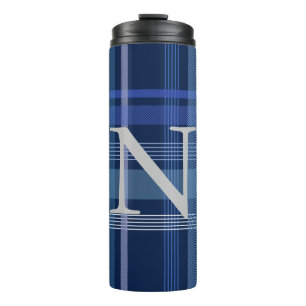 Navy Blue Plaid Tartan Cute Retro Monogram Thermal Tumbler