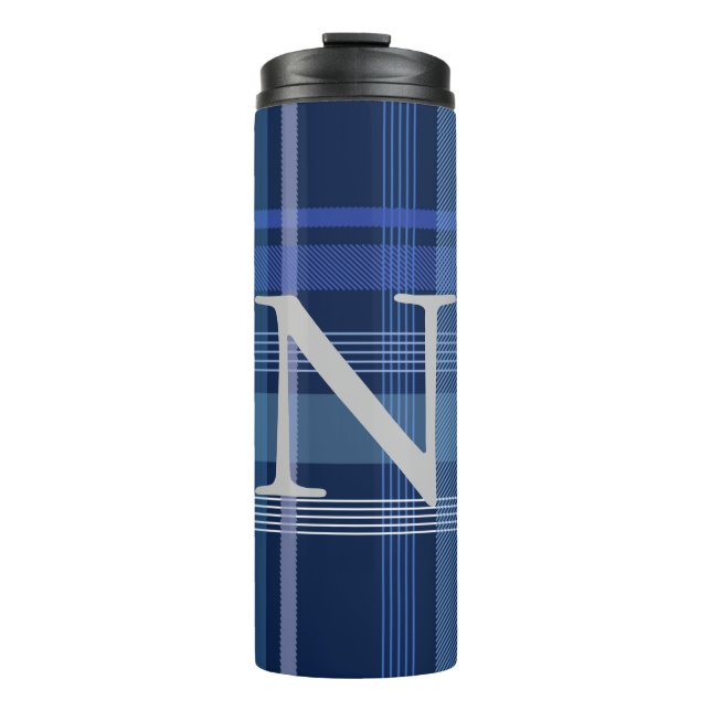 Navy Blue Plaid Tartan Cute Retro Monogram Thermal Tumbler (Front)