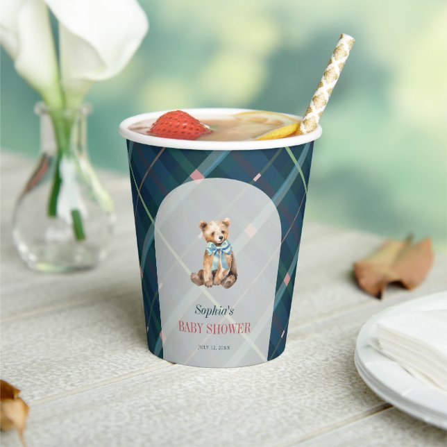 Navy Blue Plaid Teddy Bear Baby Shower Paper Cups (Insitu)