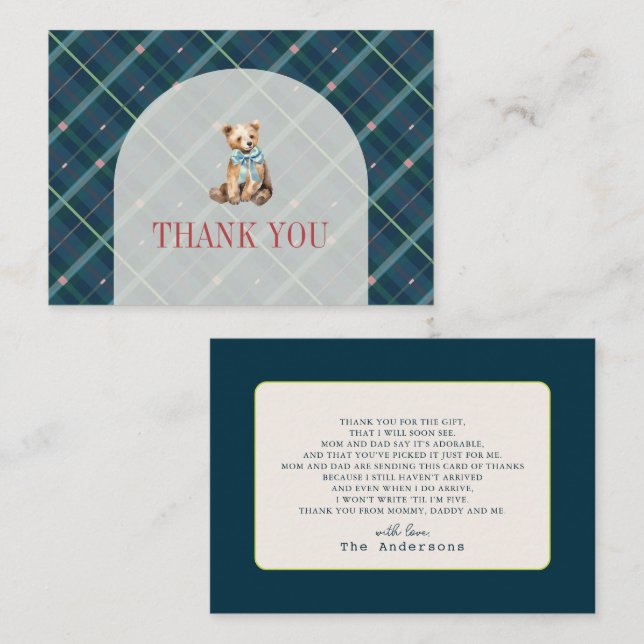 Navy Blue Plaid Teddy Bear Baby Shower Thank You Card (Front/Back)