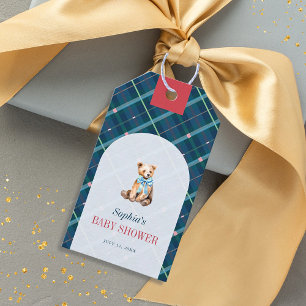 Navy Blue Plaid Teddy Bear Bow Baby Shower Gift Tags