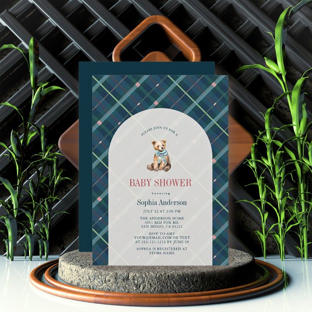 Navy Blue Plaid Teddy Bear Boy Baby Shower Invitation (Creator Uploaded)