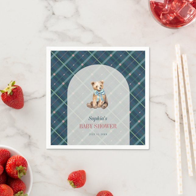 Navy Blue Plaid Teddy Bear Boy Baby Shower Napkin (Insitu)