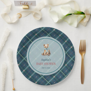 Navy Blue Plaid Teddy Bear Boy Baby Shower Paper Plate