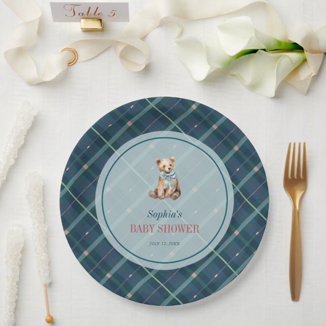 Navy Blue Plaid Teddy Bear Boy Baby Shower Paper Plate (Wedding)