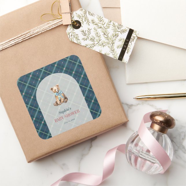 Navy Blue Plaid Teddy Bear Boy Baby Shower Square Sticker (Gifting)