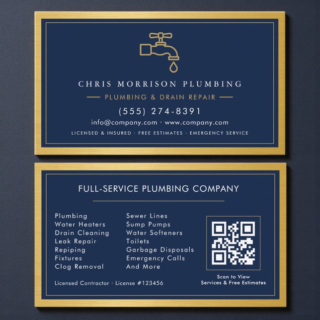 Navy Blue Plumbing Company QR Code Gold Metallic Business Card (Creator Uploaded)