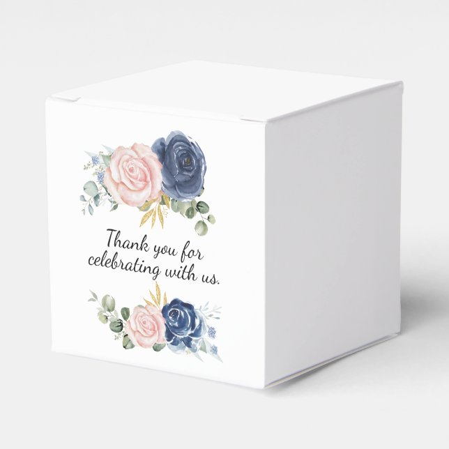 Navy blue plush pink floral thank you favour box (Front Side)