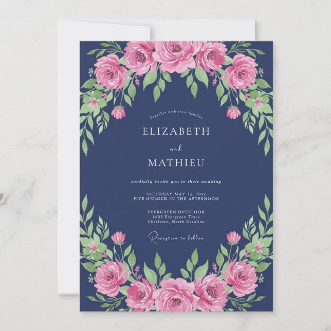 Navy Blue Poetic Peony Wedding Invitation (Front)