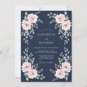 Navy Blue Poetic Rose Wedding Invitation
