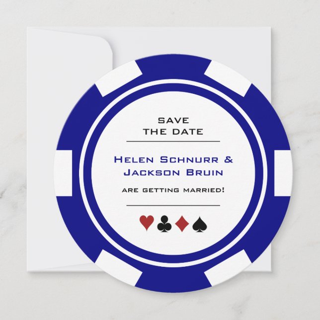 Navy Blue Poker Chip Vegas Wedding Save The Date (Front)