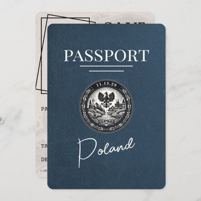 Navy Blue Poland Passport Save The Date (Front/Back)