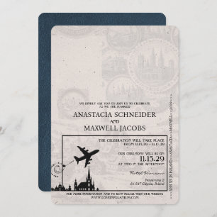 Navy Blue Poland Passport Wedding Invitation