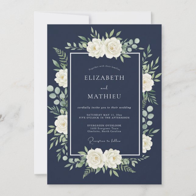 Navy Blue Polished Floral Wedding Invitation (Front)