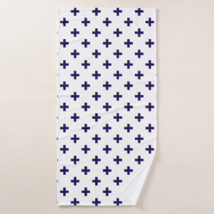 Navy blue polka crosses on white bath towel