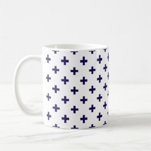 Navy blue polka crosses on white coffee mug