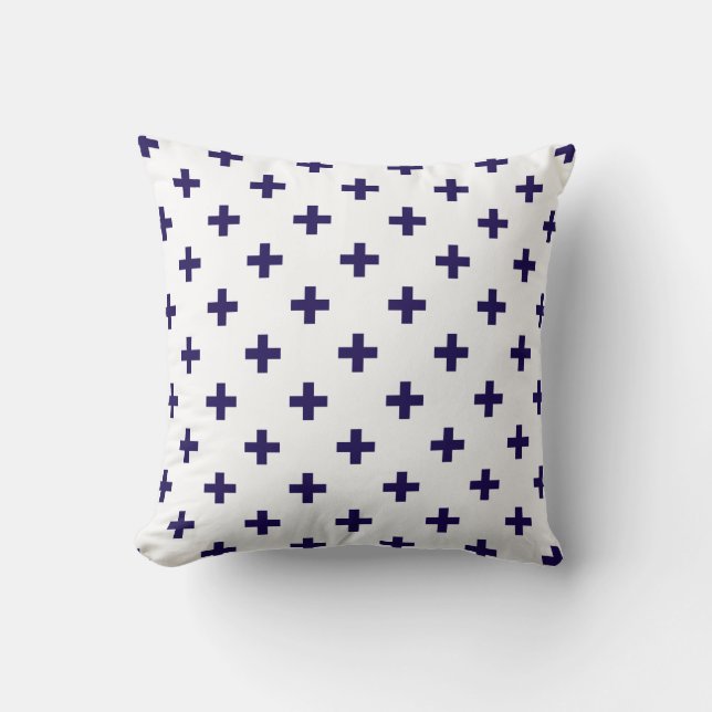Navy blue polka crosses on white cushion (Front)