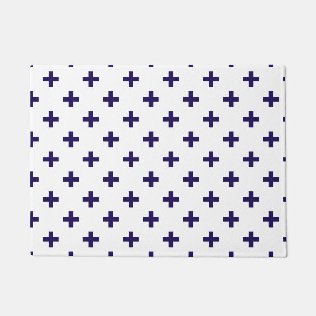 Navy blue polka crosses on white doormat (Front)