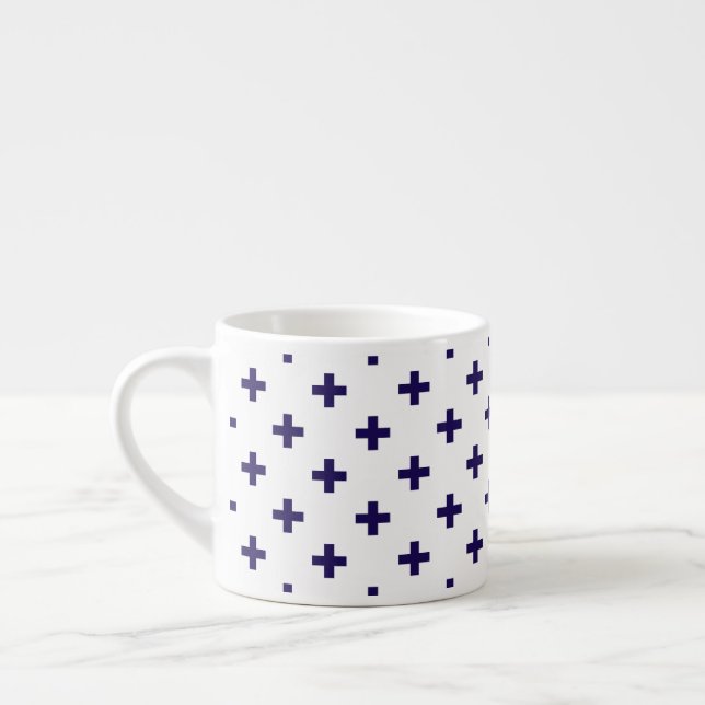 Navy blue polka crosses on white espresso cup (Left)